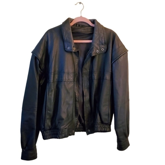 Vintage Black Leather Bomber Jacket Size XL - Picture 1 of 9